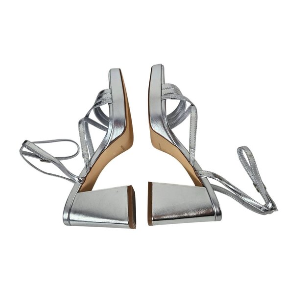 Womens 8.5 Silver Block Heel Sandals Strappy Adj Ankle Strap Party Wedding Sexy - Picture 3 of 13